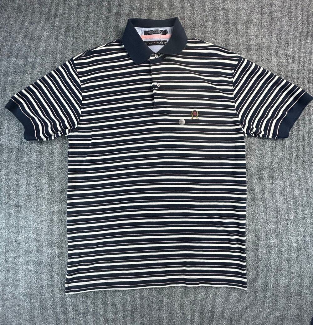 Y2k Tommy Hilfiger Crest Logo Polo Shirt Men's Medium NWT Navy Pink White Stripe